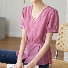 批发<b class='q'>梵</b><b class='q'>希</b><b class='q'>蔓</b>夏季新款蕾丝衫轻薄V领莱赛短袖百搭雪纺衫时髦精致上衣