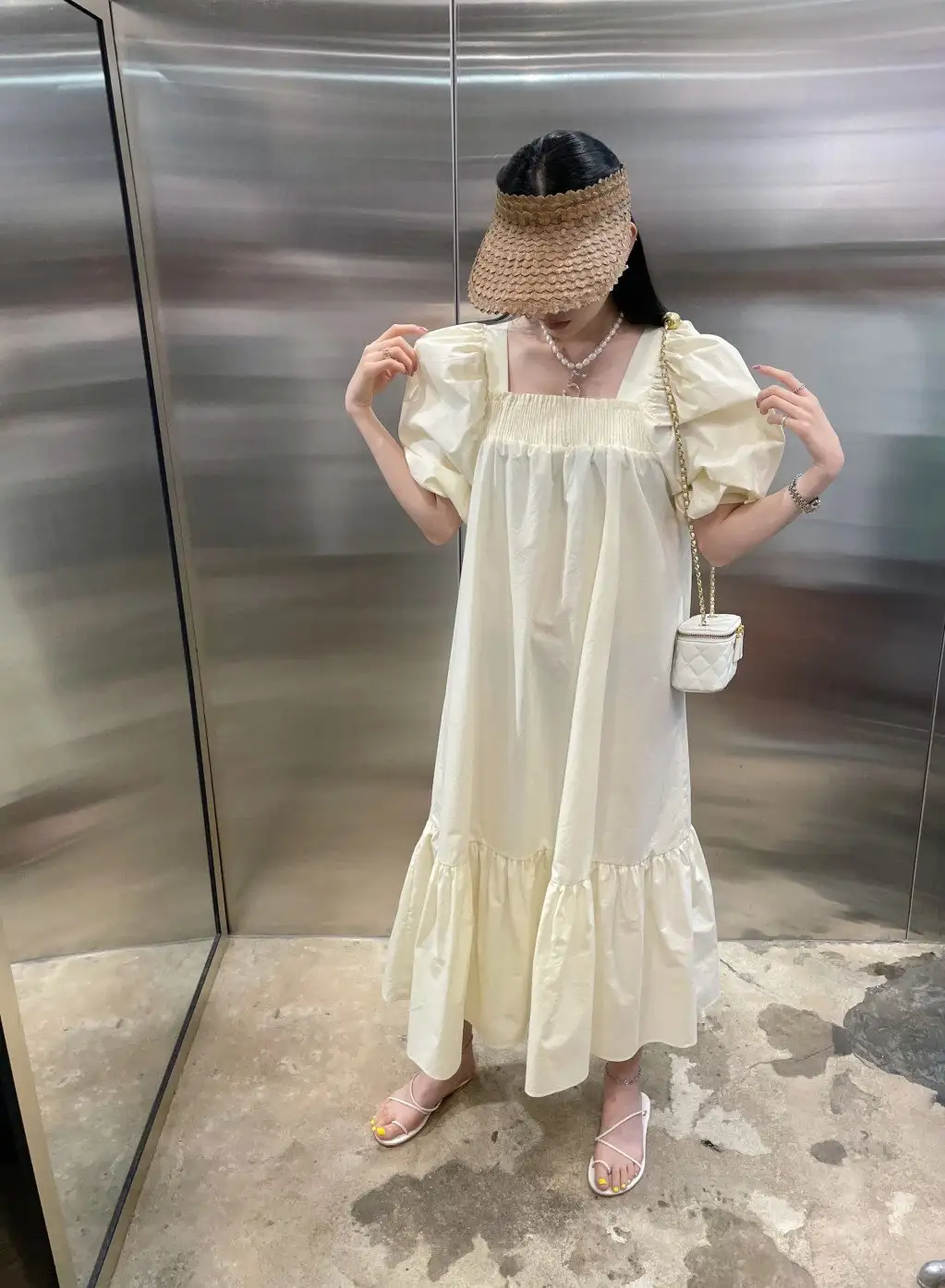 프렌치 스타일 방형 넥 퍼프소매 여름 원피스 상세 이미지 1