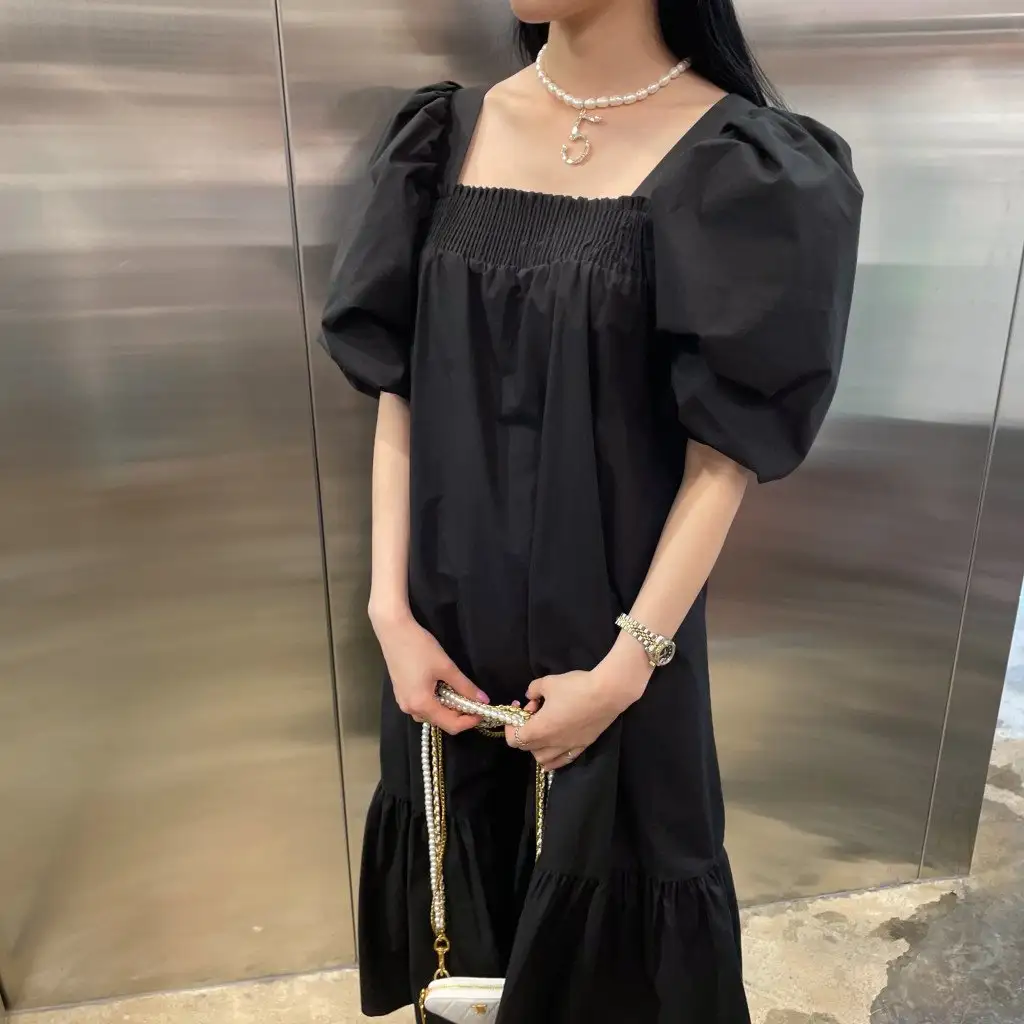 프렌치 스타일 방형 넥 퍼프소매 여름 원피스 상세 이미지 28