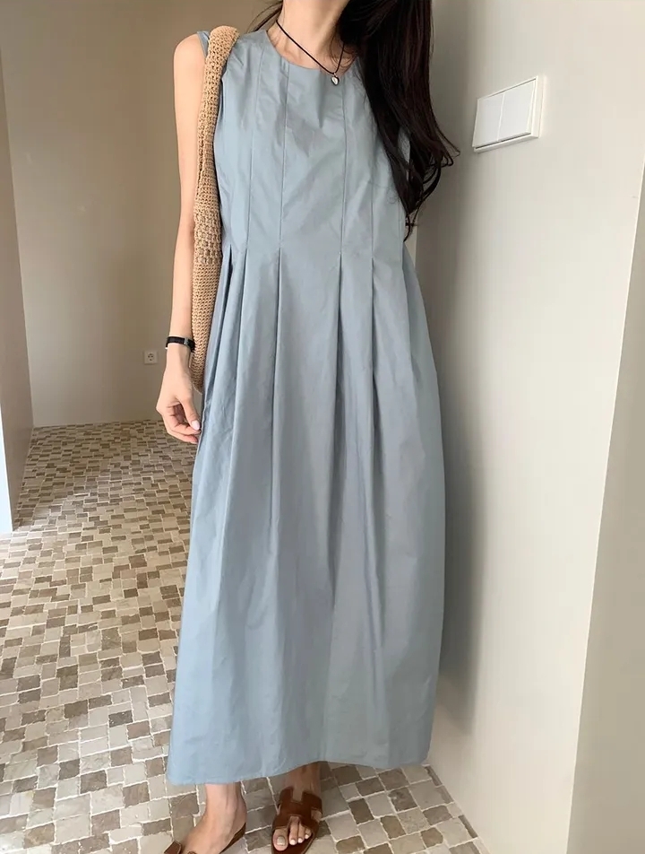 chic 여름 한국 스타일 익스트림 제인 지배 라운드 넥 주름 장식 루즈핏 캐주얼 휴가 품격 민소매 조끼 원피스