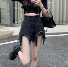实拍牛仔短裤女潮ins高腰显瘦宽松黑色破洞网红a字热裤S-5XL200斤