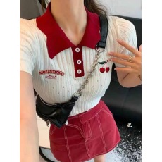批发夏季新款时尚气质Polo领日系娃娃领撞色绣花镂空短袖<b class='q'>上衣</b>女毛织