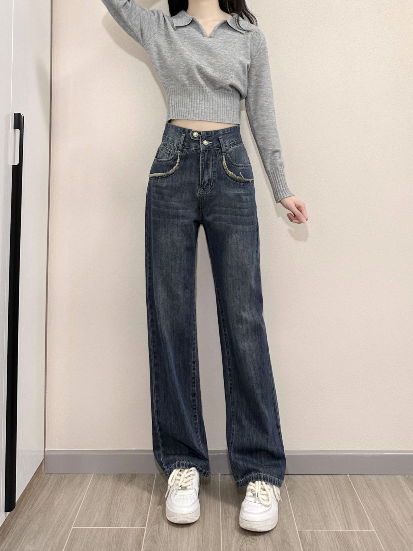 American Retro Blue Straight Jeans for Women 2024 New Spring and Autumn Style Loose Narrow Wide Leg Pants