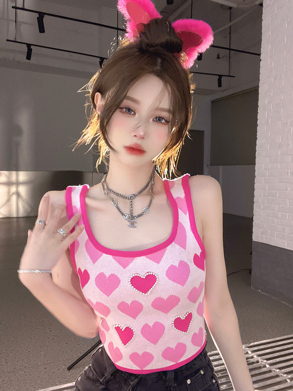 FA28176# 设计感甜酷爱心短款小背心吊带提花珍珠无袖针织衫 服裝批發女裝批發服飾貨源