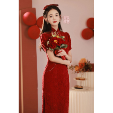 批发旗袍敬酒服酒红色小个子礼服<b class='q'>裙</b>女连衣<b class='q'>裙</b>超修身