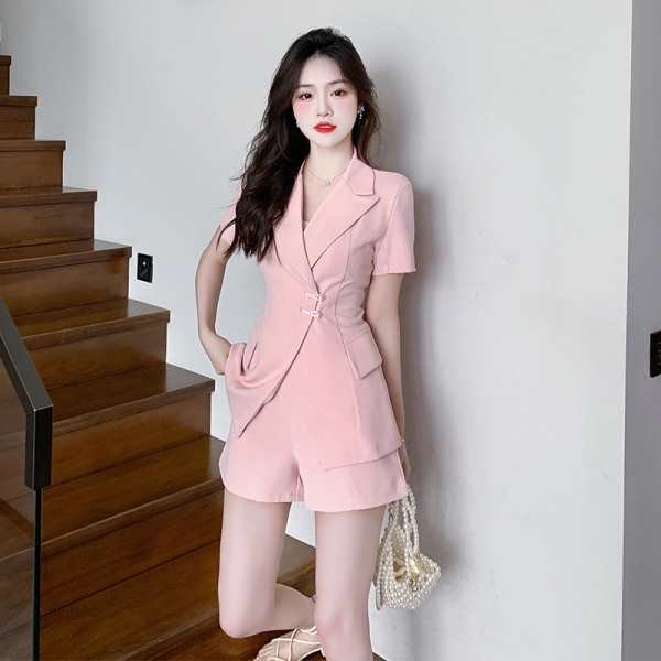 RM9805#夏季高级感小洋装韩剧小个子名媛小香风粉色西装短裤两件套装