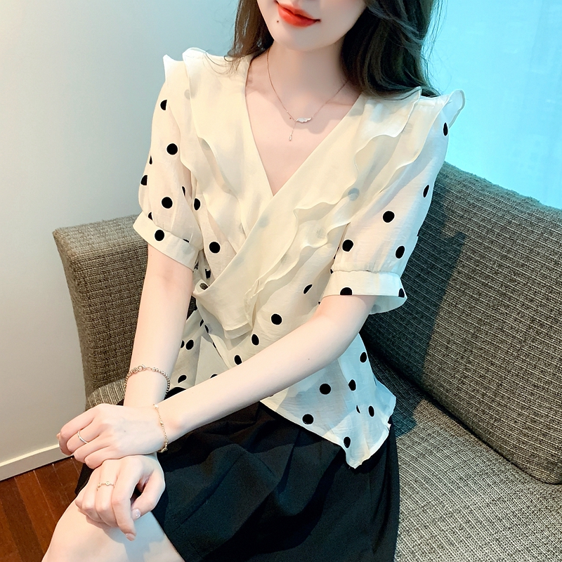 RY1082# 2026年新款夏季高级设计感小众植绒波点短袖衬衫上衣女ins潮