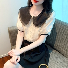 批发2026夏季新款<b class='q'>雪纺衫</b>荷叶边<b class='q'>娃娃领</b>拼接短袖上衣