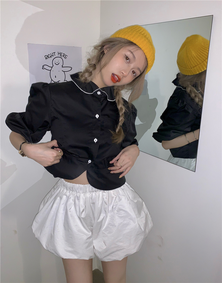 재고 있음 실사 배색 측면 베이비 칼라 벌룬 소매 5 점 소매 셔츠