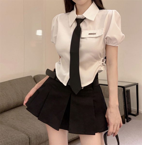 RM21163#美式辣妹泡泡袖露腰短衬衫含领带