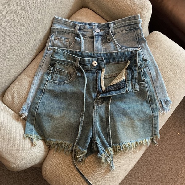 RM8517#夏季辣妹流苏高腰复古色牛仔短裤靴裤
