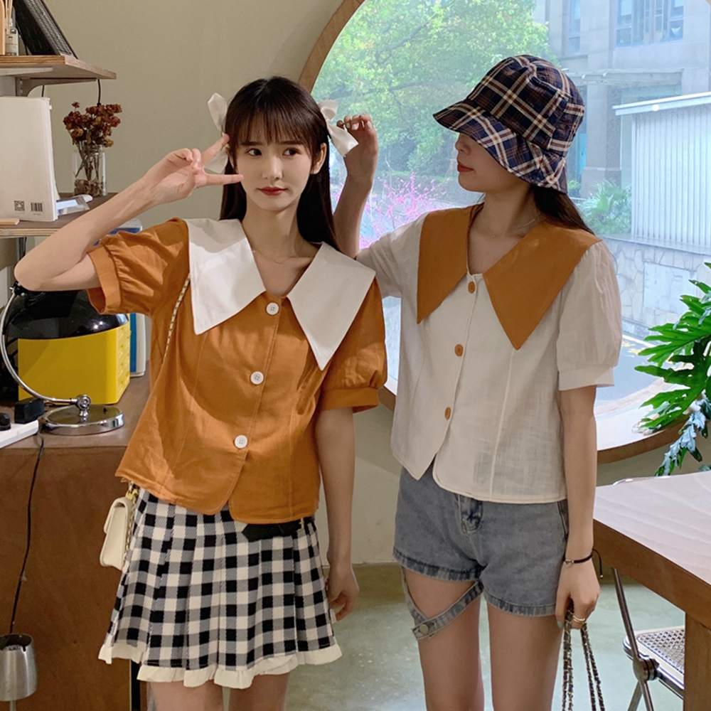 실사 여름 드레스 빅 사이즈 프랑스식 Chic 쇼트 스타일 맨위 거품 소매 셔츠 베이비 칼라 셔츠 m-4xl200 근