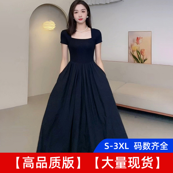 RM8158#新款黑色方领连衣裙子女夏季收腰显瘦茶歇法式赫本风绝美长裙