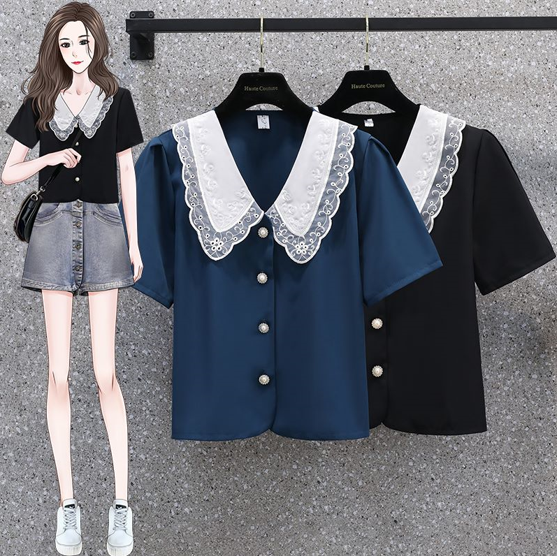 RY1640# 实拍夏季法式娃娃领短款上衣甜美宽松大码女装衬衫M-4XL2...