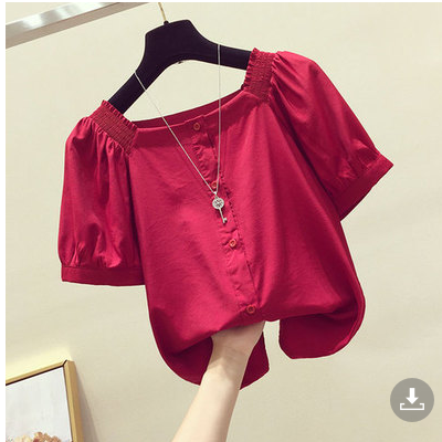 PF14375# 红色短袖衬衫女设计感小众薄款方领小衫气质夏季短款泡泡袖上衣服