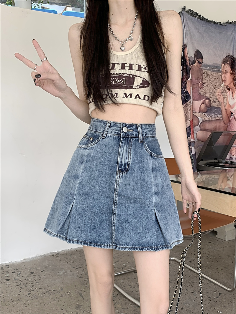 Real shot and real price summer new high-waisted slimming A-line anti-exposure denim pleated skirt