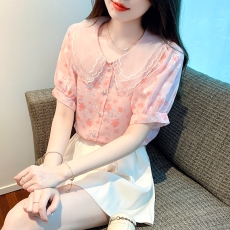 批发法式碎花<b class='q'>雪纺衫</b>上衣女夏季2026新款设计感小众气质<b class='q'>娃娃领</b>短袖衬衫