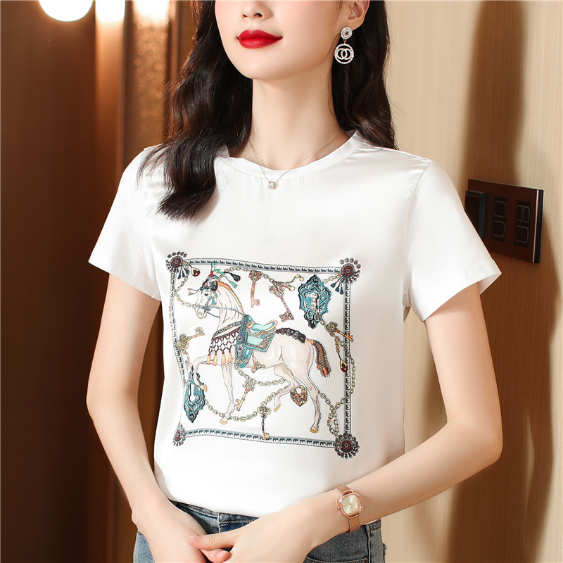 RY4306# 2026夏季新款女装圆领短袖民族风重磅真丝印花T恤简约休闲...