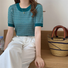 批发实拍~新款韩版撞色圆领小香风短袖<b class='q'>针织衫</b>女2024年薄款上衣内搭