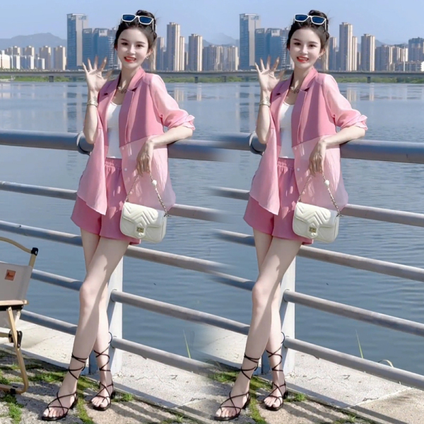 RM8509#网红撞色盐系炸街套装两件套防晒衣短裤套装