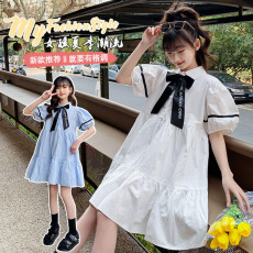 批发<b class='q'>女童</b>甜美<b class='q'>风</b>连衣裙夏季2026新款洋气女孩网红立领蝴蝶结<b class='q'>衬衫</b>裙子薄