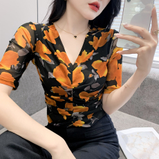 批发2026春夏新款时尚印花V领褶皱网纱烫钻<b class='q'>中袖</b>T恤碎花上衣小衫女
