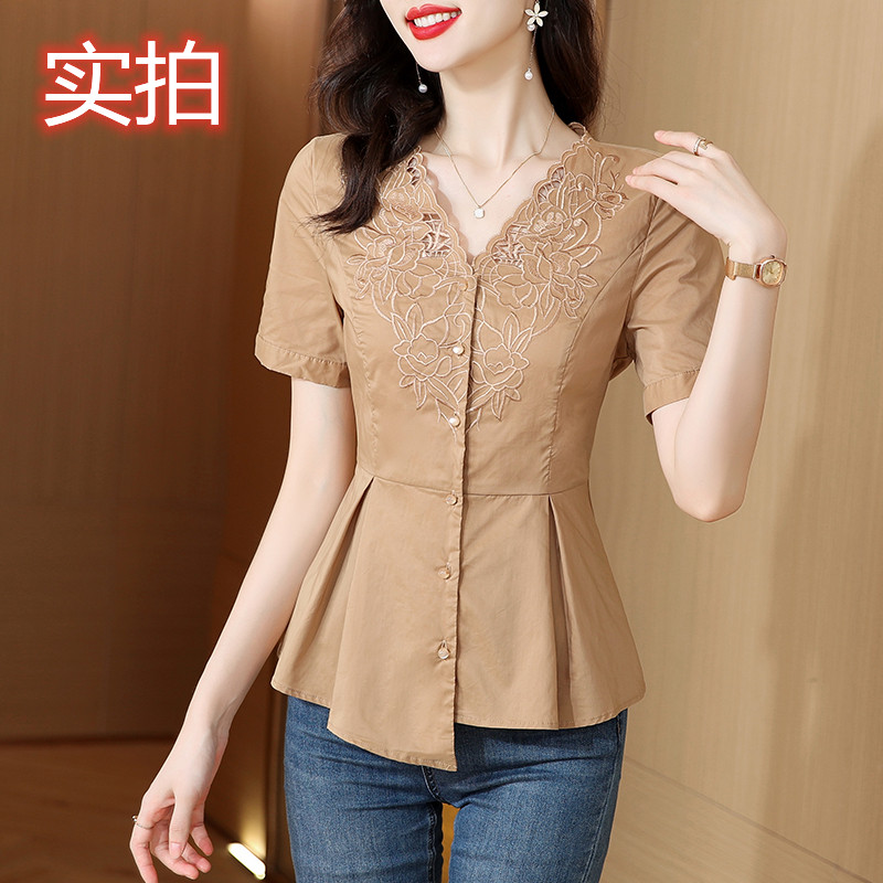 MY3866#设计感绣花衬衫女短袖v领气质时尚衬衣别致显瘦上衣女裝貨源服裝批發
