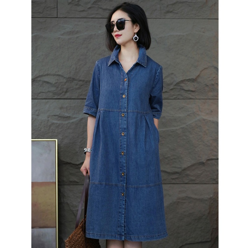 RY3015#夏季新款大码宽松衬衫牛仔裙遮肉显瘦收腰半袖长款直筒连衣裙