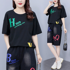 批发实拍 <b class='q'>夏</b>季套装女 时尚宽松拼接牛仔五分裤两件套印花短袖大码女装