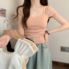 批发实拍 胖MM大码纯欲风方领短袖<b class='q'>针织</b>衫辣妹修身显瘦短款设计感上衣