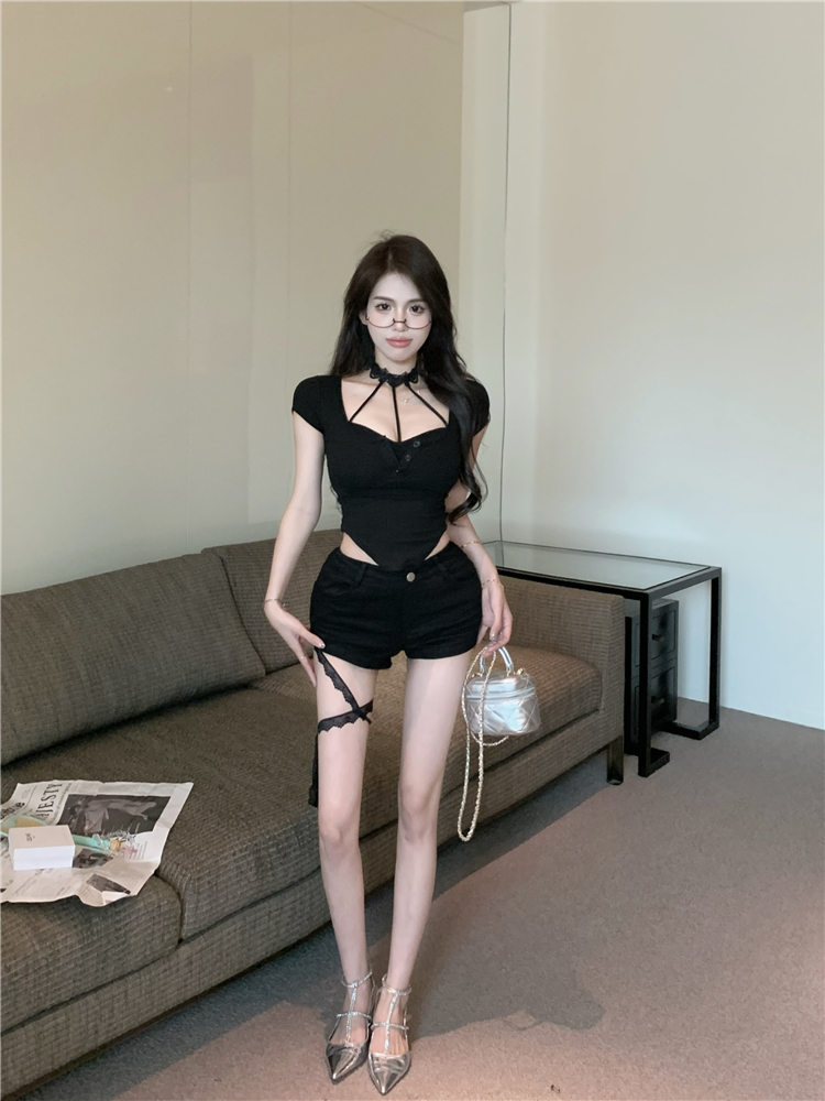 Real shot!  Hot girl fashion suit halterneck camisole V-neck slim top women's two-piece set