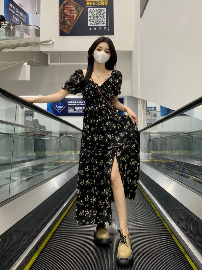 실사 빅 사이즈 여성 의류 꽃무늬 반팔 드레스 여름 부드러운 바람 프랑스식 품격 고급 롱 코트 차 휴식 치마