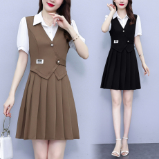 批发已出货 2026新款时尚<b class='q'>雪纺</b>拼接百褶裙假两件套显瘦连衣裙夏季短裙