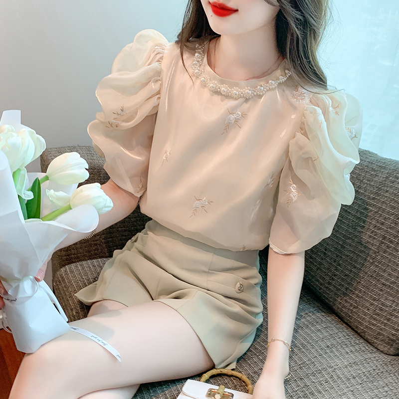 RY2643# 法式高级感小众刺绣花朵衬衫女夏2026夏装新款洋气泡泡袖上...