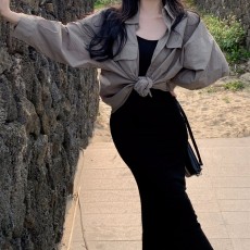 批发高个子性感修身显瘦黑色吊带连衣裙气质女人味包臀长裙+长袖衬衫