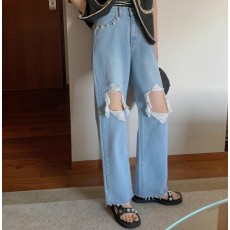 批发现 春夏新款<b class='q'>钉珠</b>做旧破洞毛边<b class='q'>牛仔裤</b>