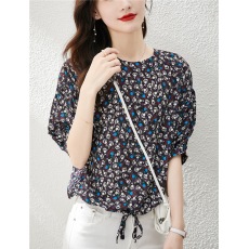 批发实拍<b class='q'>雪纺</b><b class='q'>衫</b>女中袖夏季女装2023新款韩版印花宽松蝙蝠袖遮肚子上衣