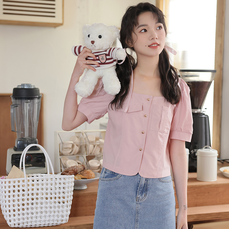 실사 2026 년 여름 새로운 작은 청신 ins 연령 감소 패션 반팔 캐주얼 광장 칼라 쇼트 스타일 여성 셔츠