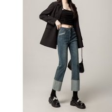 大码直筒牛仔裤女2023年新款高腰胖mm显瘦复古卷边九分烟管裤