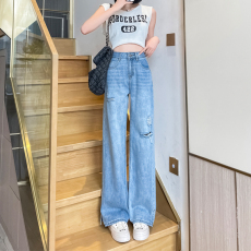 批发实拍2026春夏时尚破洞牛仔裤女小个子窄版开叉阔腿裤修身九分长裤