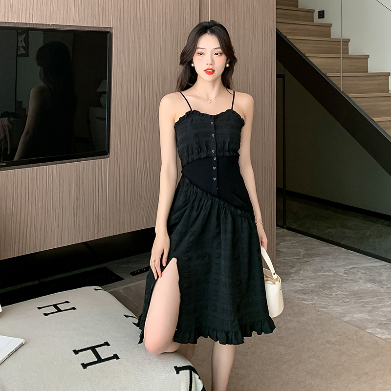 실사 슬립 드레스 슬림해 보이는 얇은 스타일 여성 여름 패치워크 디자인 센스 작은 대중 검정색 작은 치마 폭발 롱 스커트