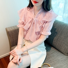 批发蝴蝶结短袖衬衫女2026夏季荷叶边雪纺衫<b class='q'>韩版</b>温柔风优雅超仙小衫