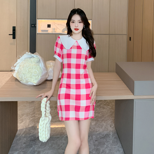 RM11149#简约娃娃领格纹连衣裙甜美淑女气质短裙 2023夏季新款