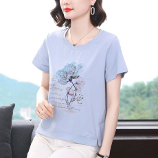 批发短袖T恤女纯棉夏2026新款<b class='q'>妈妈装</b>印花圆领大码宽松半袖体恤衫