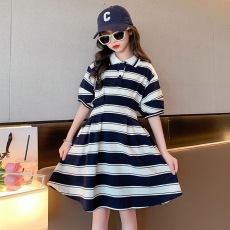 批发原版布料 工艺女童<b class='q'>连衣裙</b>夏装新款polo领中大童条纹显瘦收腰裙子