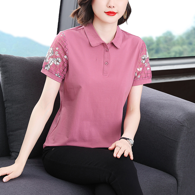 MY8089# 夏季polo衫短袖打底衫女新款网纱拼接大码印花时尚t恤女裝貨源服裝批發