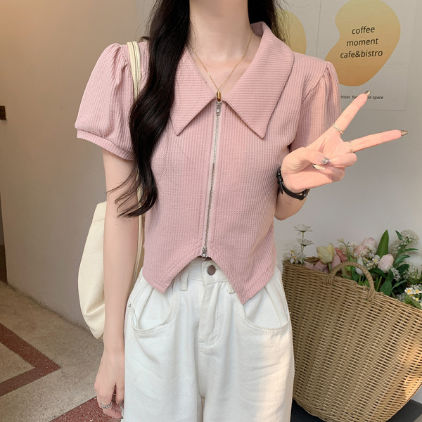 RM8201#华夫格棉200克T恤女短袖2023年新款短款上衣夏polo领...
