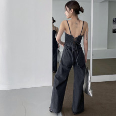 批发现 后背系带性感显瘦吊带连体背带<b class='q'>牛仔</b>裤