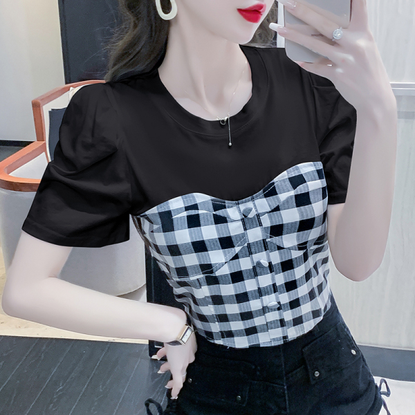 RM10947#夏季短袖新款设计感修身显瘦T恤拼接格子休闲女装圆领