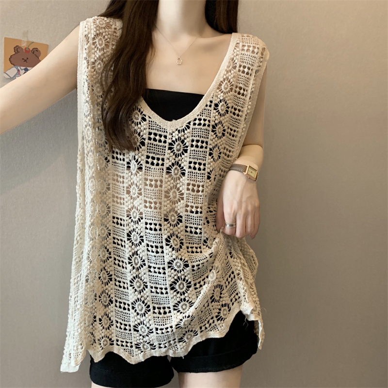 Summer new style literary retro hollow knitted vest women's loose pullover sleeveless blouse vest summer outer suspender belt